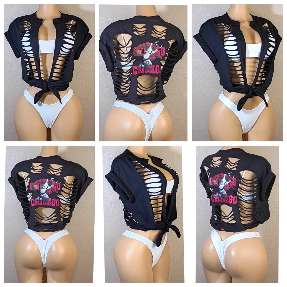 Edgy Black Chicago Bulls Custom Graphic Tie-Front Crop Top